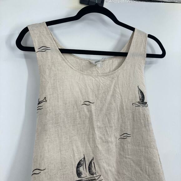 Vintage Connie Choi Beige Black Linen Maxi Dress Dolphin Boat Print Coastal SM - Picture 3 of 8